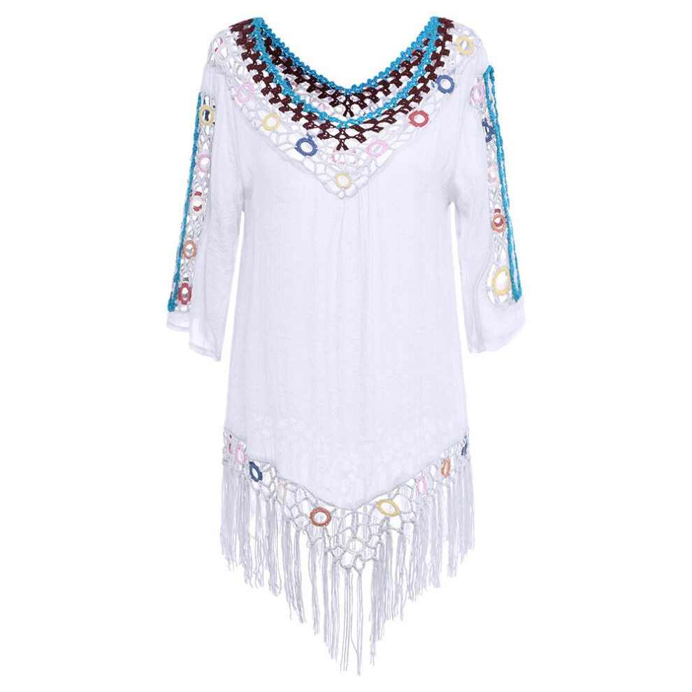 (White) Tassel 3D Hook Flower Beach Sun Protection Cover-Ups