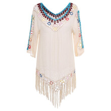 (Apricot) Tassel 3D Hook Flower Beach Sun Protection Cover-Ups