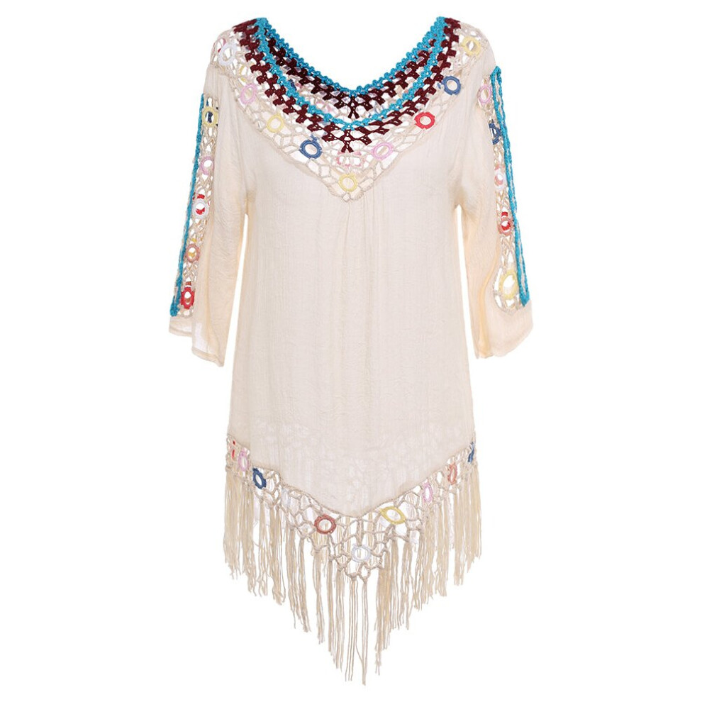 (Apricot) Tassel 3D Hook Flower Beach Sun Protection Cover-Ups
