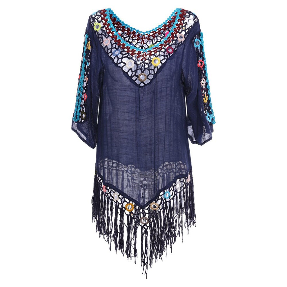 (Royal Blue) Tassel 3D Hook Flower Beach Sun Protection Cover-Ups