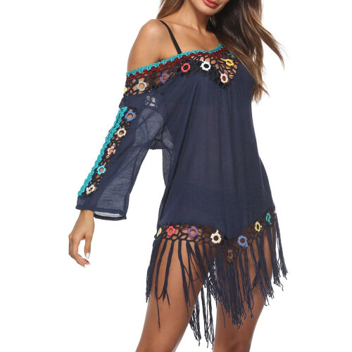 (White) Tassel 3D Hook Flower Beach Sun Protection Cover-Ups 2