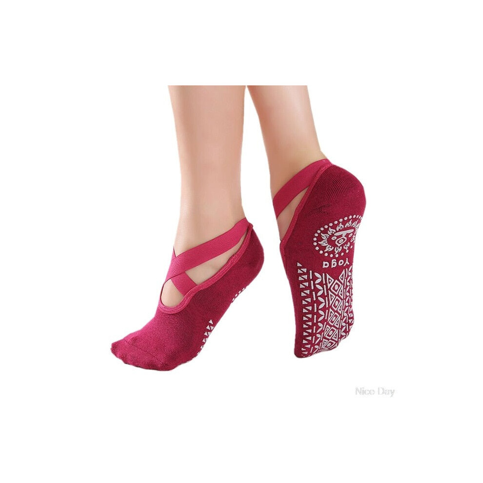 (Red) Yoga Socks For Women Girls Slippers With Grips Fitness Sports Dance Silicone Pilates Barre