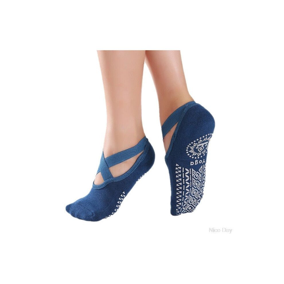 (Blue) Yoga Socks For Women Girls Slippers With Grips Fitness Sports Dance Silicone Pilates Barre