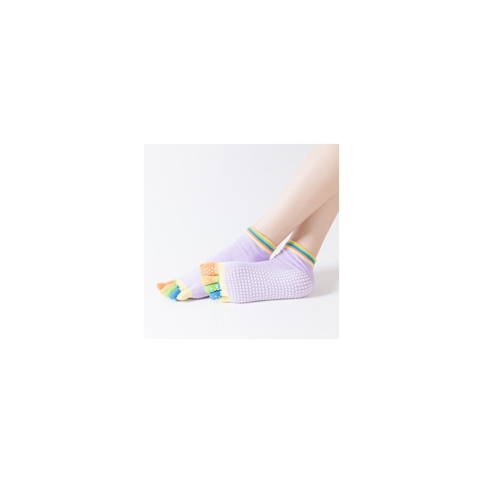 (Colorful Purple) Women Anti Slip Elastic Yoga Socks 5 Fingers Toe Ballet Girls Pilates Fitness Gym Sport Colourful