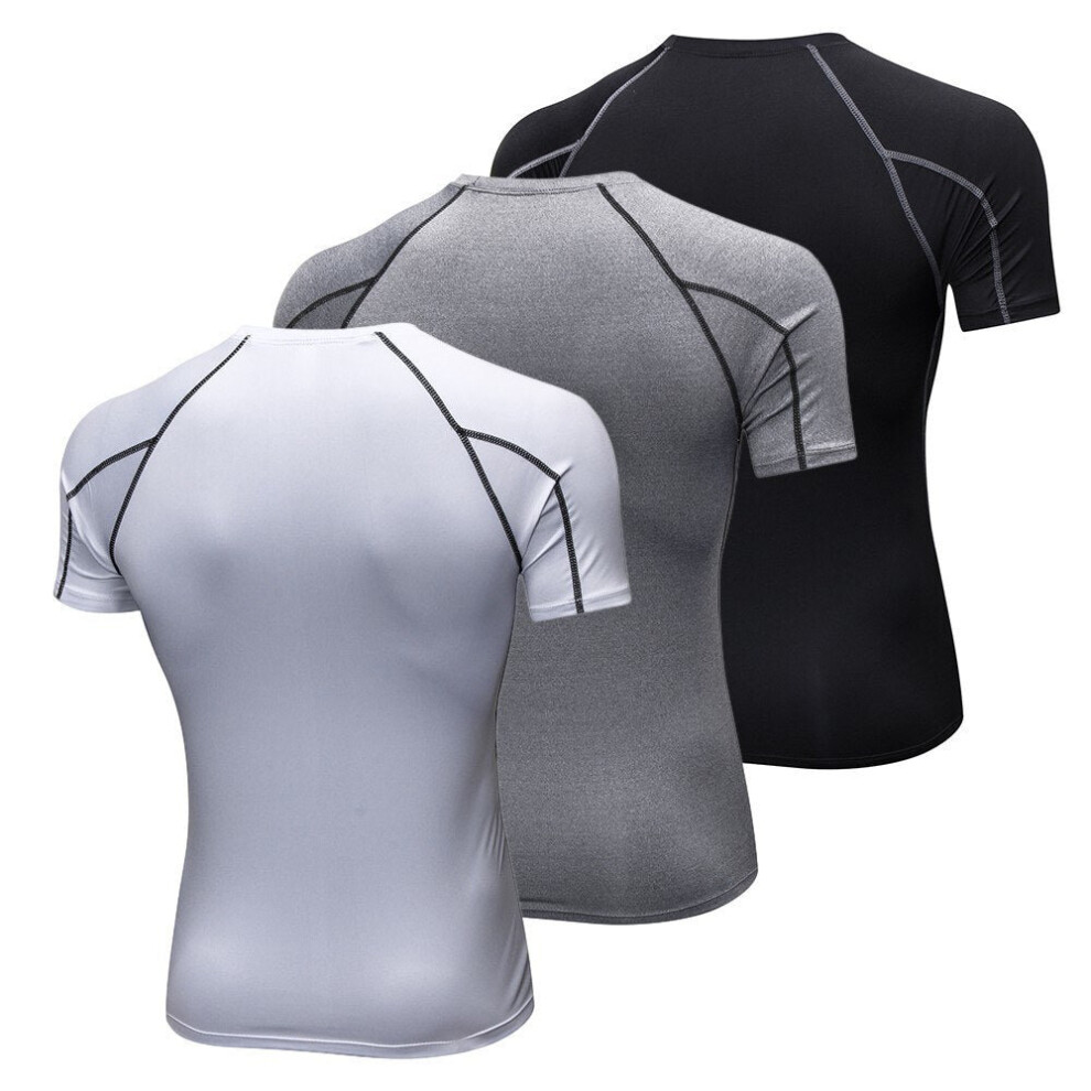 (White Grey Black, L) Men Short Sleeve Compression Shirt Pack of 3