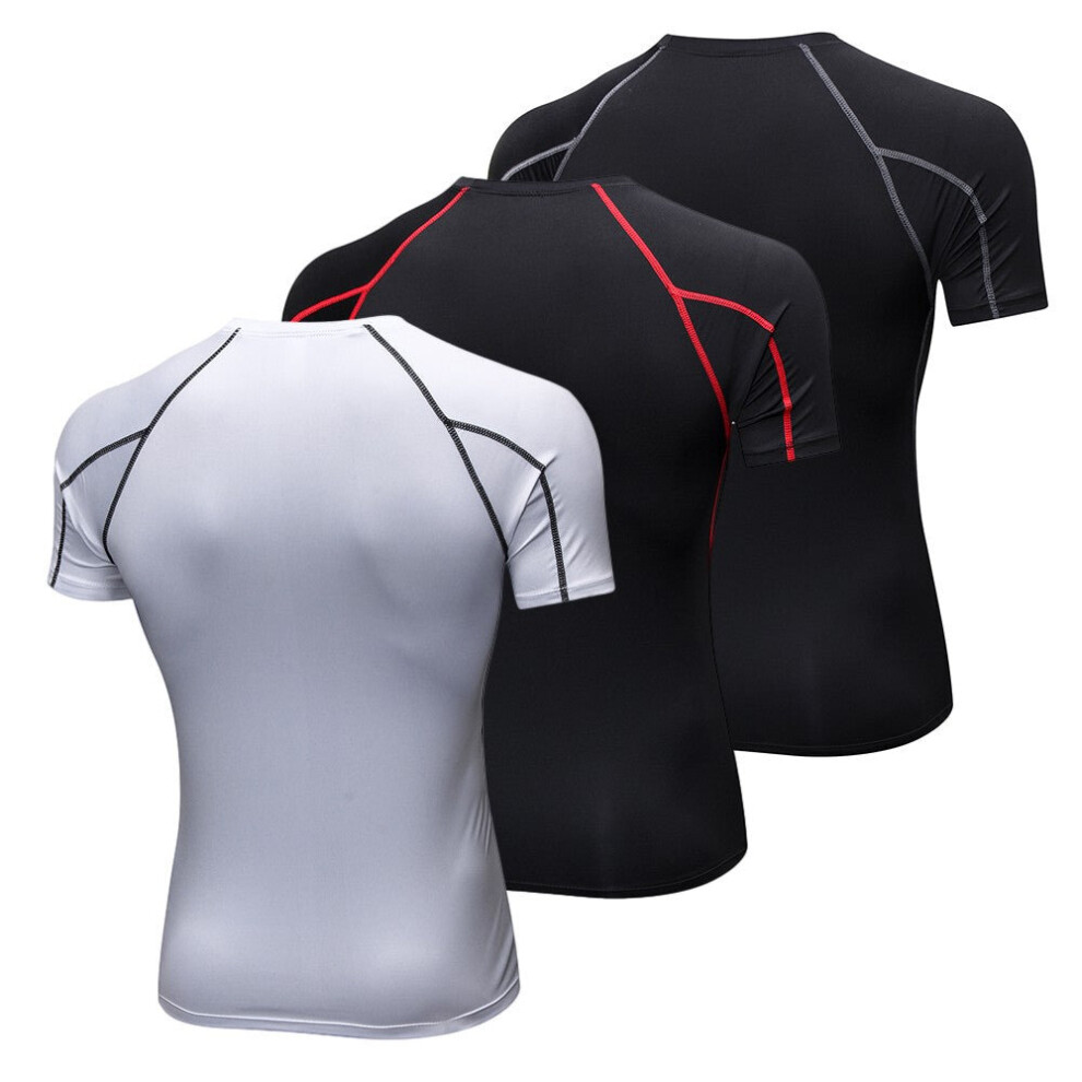 (White Black, 2XL) Men Short Sleeve Compression Shirt Pack of 3