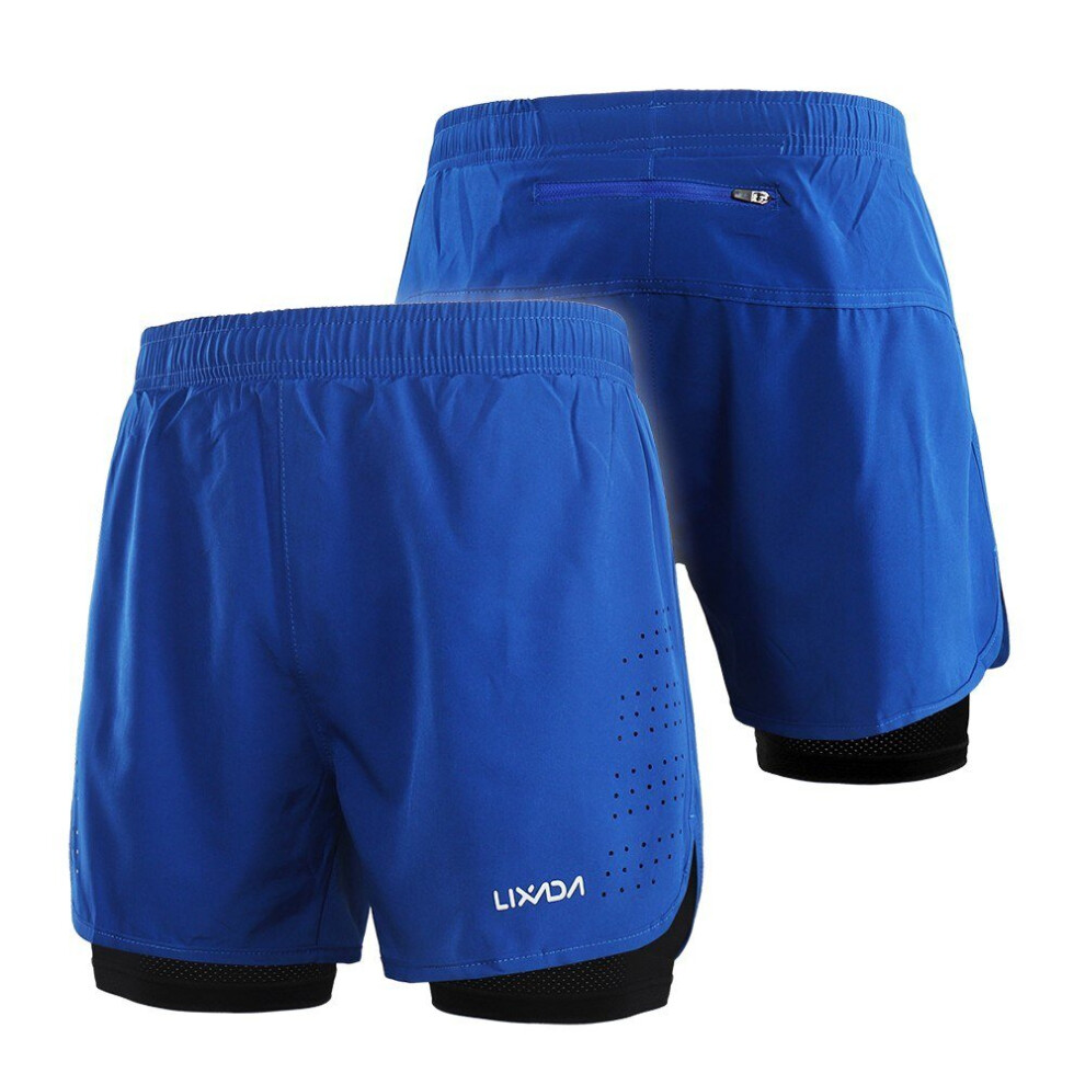 (Blue, M) Men's 2-in-1 Running Shorts