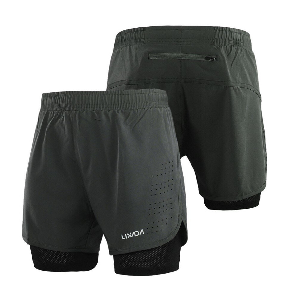 (Dark Grey, L) Men's 2-in-1 Running Shorts