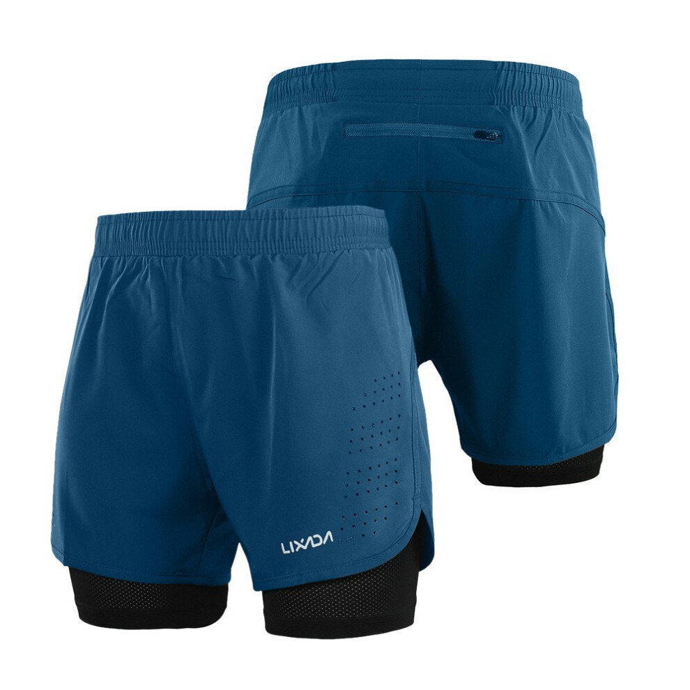 (Dark Blue, XL) Men's 2-in-1 Running Shorts