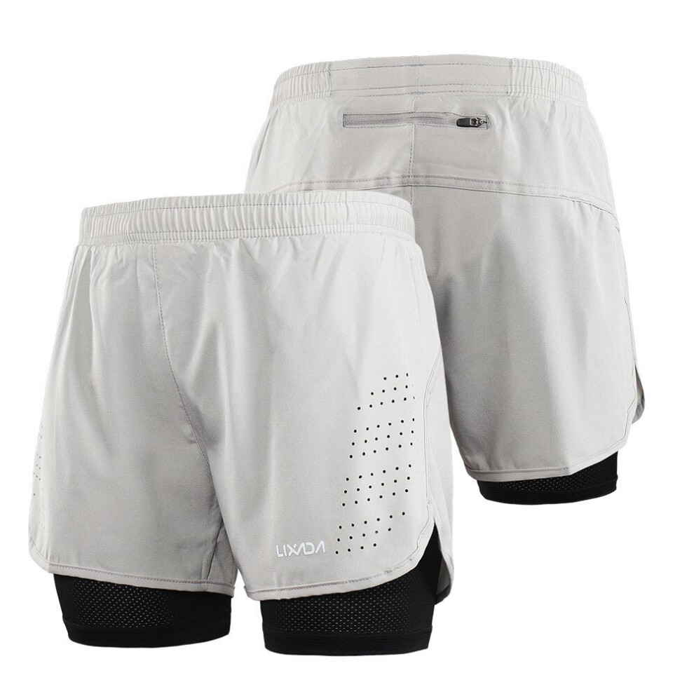 (Light Grey, M) Men's 2-in-1 Running Shorts