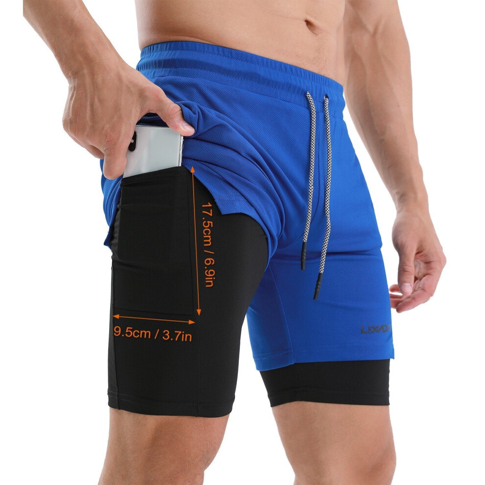 (Blue, M) Men Running Shorts with Towel Loop Quick Dry Exercise Pockets for Training Gym Workout 2-in-1