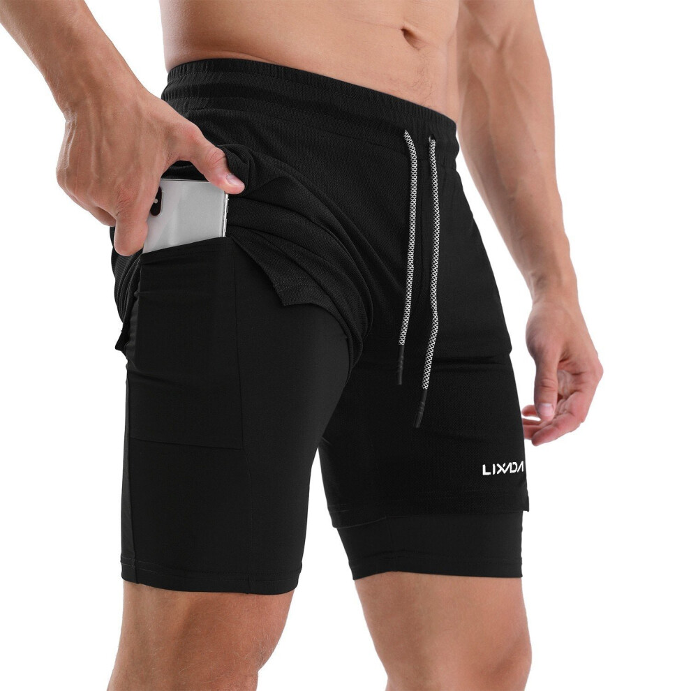 (Black, 2XL) Men Running Shorts with Towel Loop Quick Dry Exercise Pockets for Training Gym Workout 2-in-1