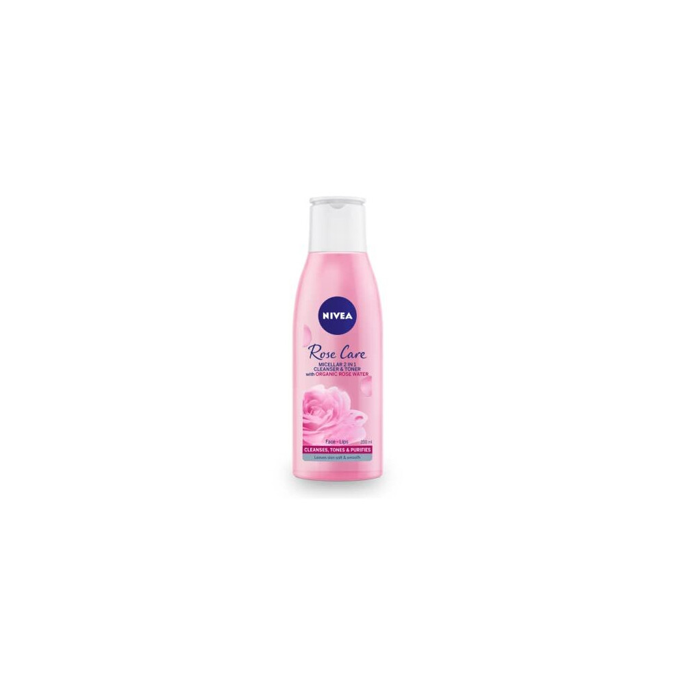 Nivea Micellair 2 In 1 Rose Water Cleanser & Toner (200Ml), Micellar Cleansing Water + Toner, Waterproof Makeup Remover, Infused With Rose Water For