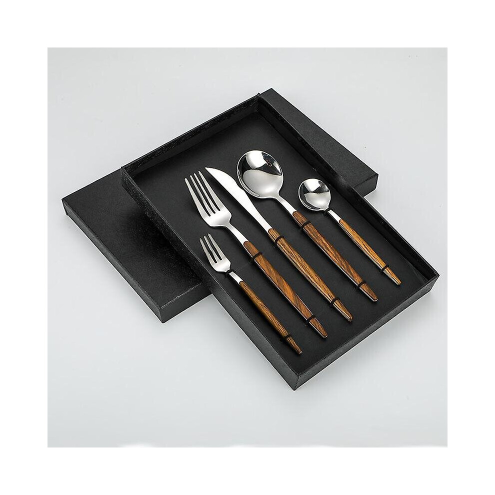 (Silver) 5pcs Wooden Handle Flatware Stainless Steel Tableware Cutlery Set Knifes Forks Spoons