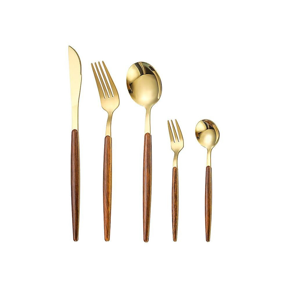 (Gold) 5pcs Wooden Handle Flatware Stainless Steel Tableware Cutlery Set Knifes Forks Spoons