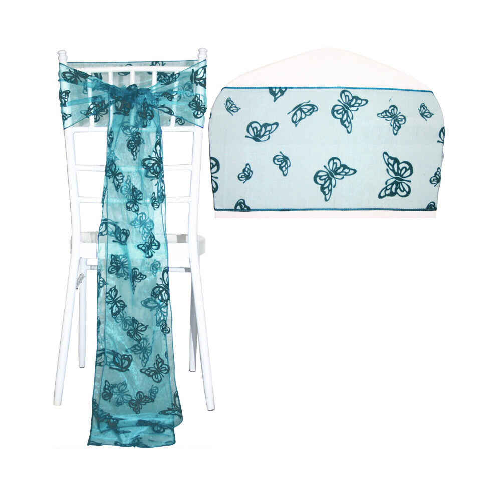(Turquoise Butterfly, 50pcs) Time to Sparkle 20x280cm Flocked Organza Sashes Chair Cover Bow Wedding