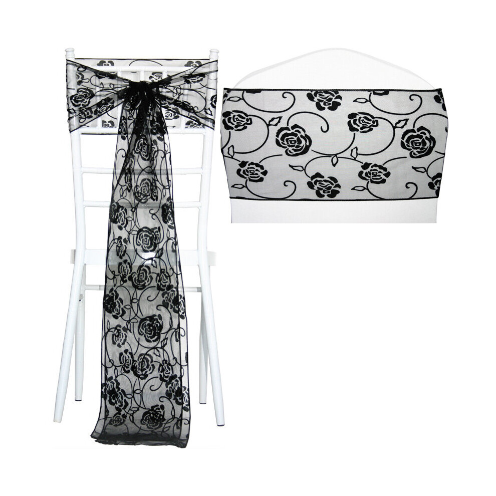 (Black Rose A, 50pcs) Time to Sparkle 20x280cm Flocked Organza Sashes Chair Cover Bow Wedding-image-OPC-P9RD96W-NEW