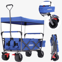 AREBOS Foldable handcart with roof | tool trolley incl. 2 mesh pockets & one outer pocket | front wheel brake | up to 100 kg load capacity | blue