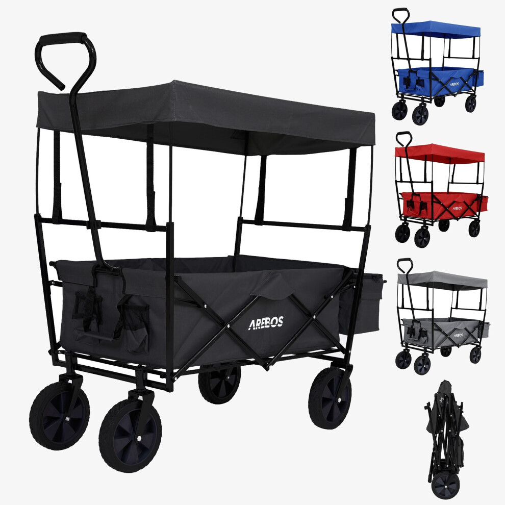 AREBOS Foldable Cart with Roof | Garden Cart | Transport Cart | 2X Net Pockets and 1x Outside Pocket | Solid Rubber Tires (Black)