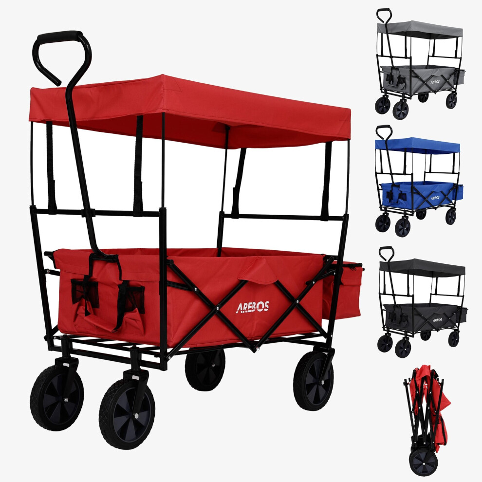 AREBOS Foldable Cart with Roof | Transport Cart | 2X Net Pockets and 1x Outside Pocket | Solid Tires (Red)