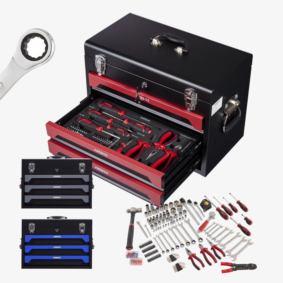 AREBOS 172 pcs Tool Kit with Metal Tool Box DIY Hand Tools Red/Black