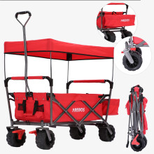 AREBOS Foldable handcart with roof | tool trolley incl. 2 mesh pockets & one outer pocket | front wheel brake | up to 100 kg load capacity | red