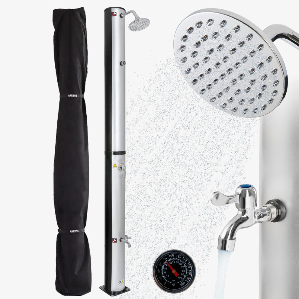 Solar shower | 37 liters | 199 cm | thermometer | silver-black | round shower head | foot shower | hose connection |incl. mounting material &cover