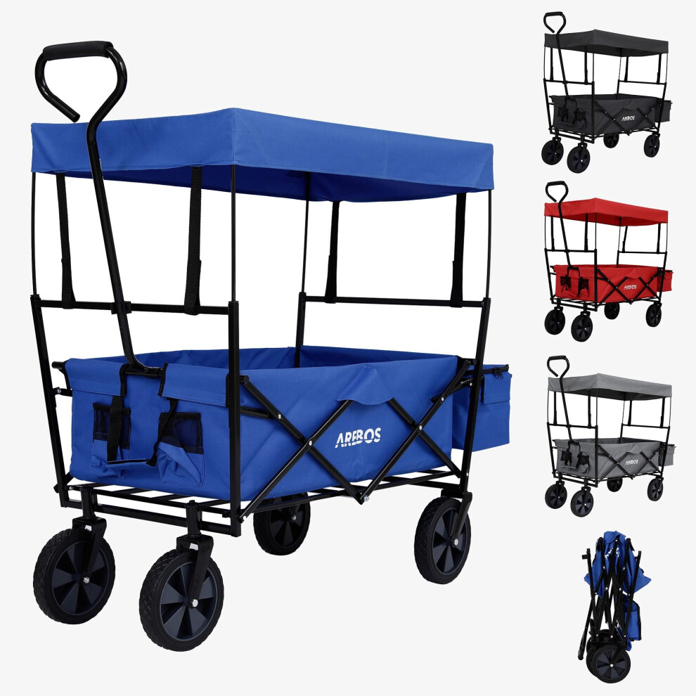 AREBOS Foldable Cart with Roof | Transport Cart | 2X Net Pockets and 1x Outside Pocket | Solid Tires | Blue