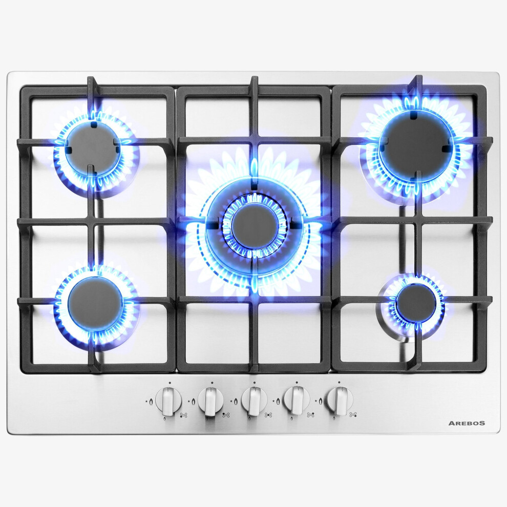 AREBOS gas hob 5 burners | stainless steel | incl. pot rack & ignition fuse