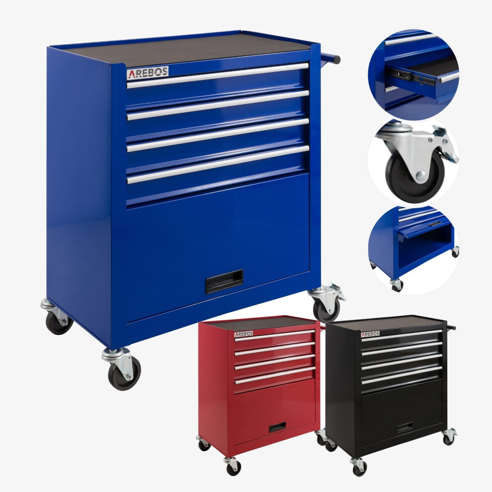 AREBOS 4-Drawer +Compartment Tool Cabinet Garage Tool Chest with Wheels Workshop Tool Storage Lockable Blue