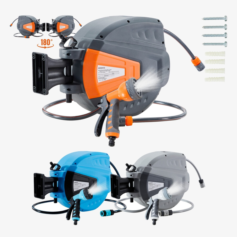 AREBOS Hose Pipe Reel | 30 m Swivel Hose Reel | Wall Hose Box with Locking Stop | Includes Wall Bracket | Automatic Reel Mechanism | Orange