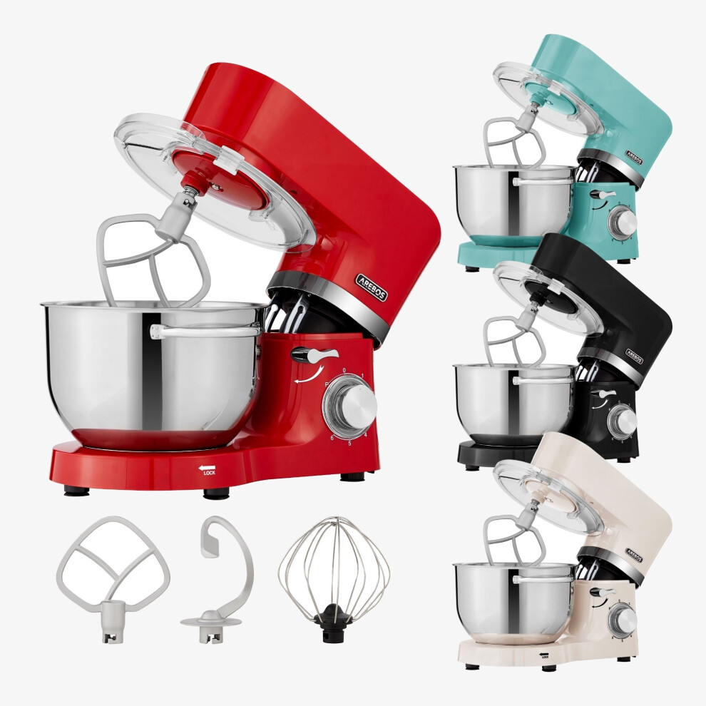 AREBOS Stand Mixer Food Processor 1500W Red Kneading Machine with 2x Stainless Steel Mixing Bowls Low Noise Kitchen Mixer with Mixing Hook - 6 Speeds