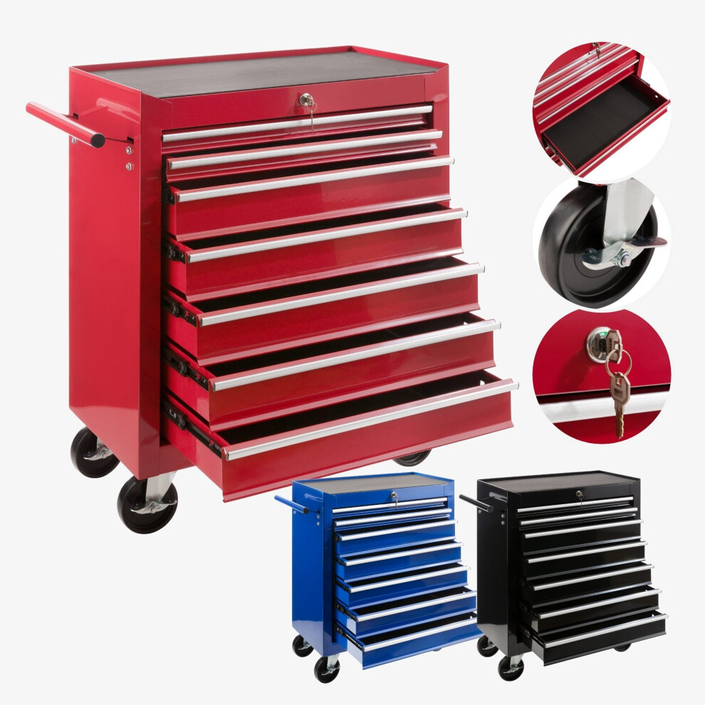 AREBOS 7-Drawer Tool Cabinet Garage Tool Chest with Wheels Workshop Tool Storage Lockable Red