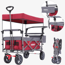 AREBOS Folding Handcart with Roof | Folding Cart | Transport Cart | Load Capacity up to 100 kg | Front and Rear Brakes | Red