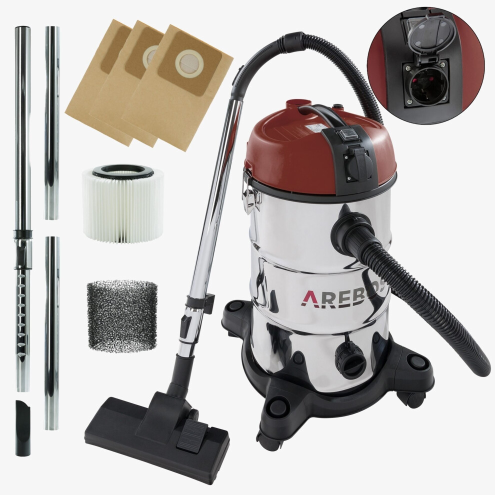 AREBOS Industrial Vacuum Cleaner 5-in-1 Wet and Dry Vacuum Cleaner 1300 W Ash /Fireplace / Grill with and without Bag Bagless 30 L Red