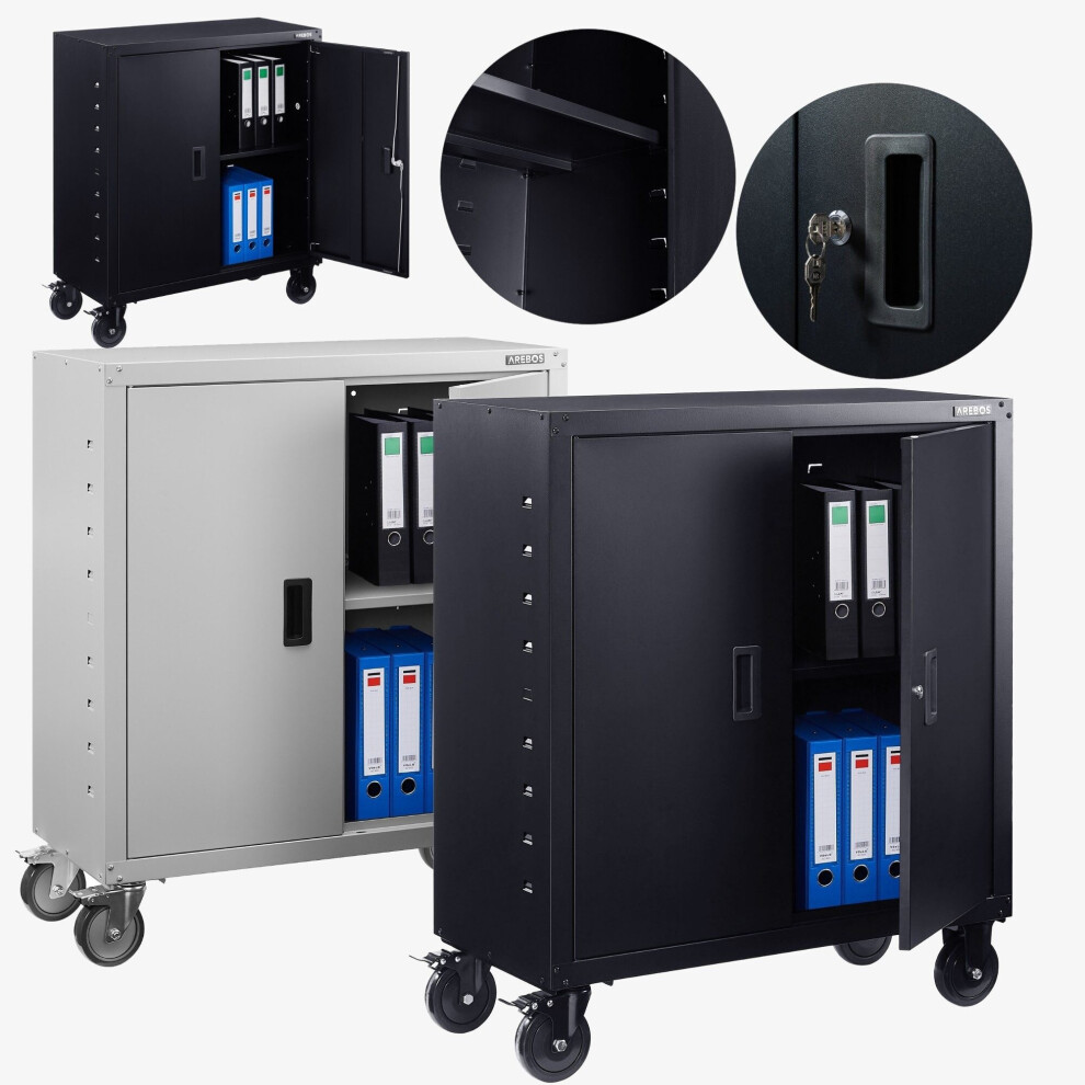 AREBOS Filing Cabinet Office Cabinet Black 105.5 x 40 x 90 cm 2 Doors with Wheels Height-Adjustable Shelf with Cylinder Lock