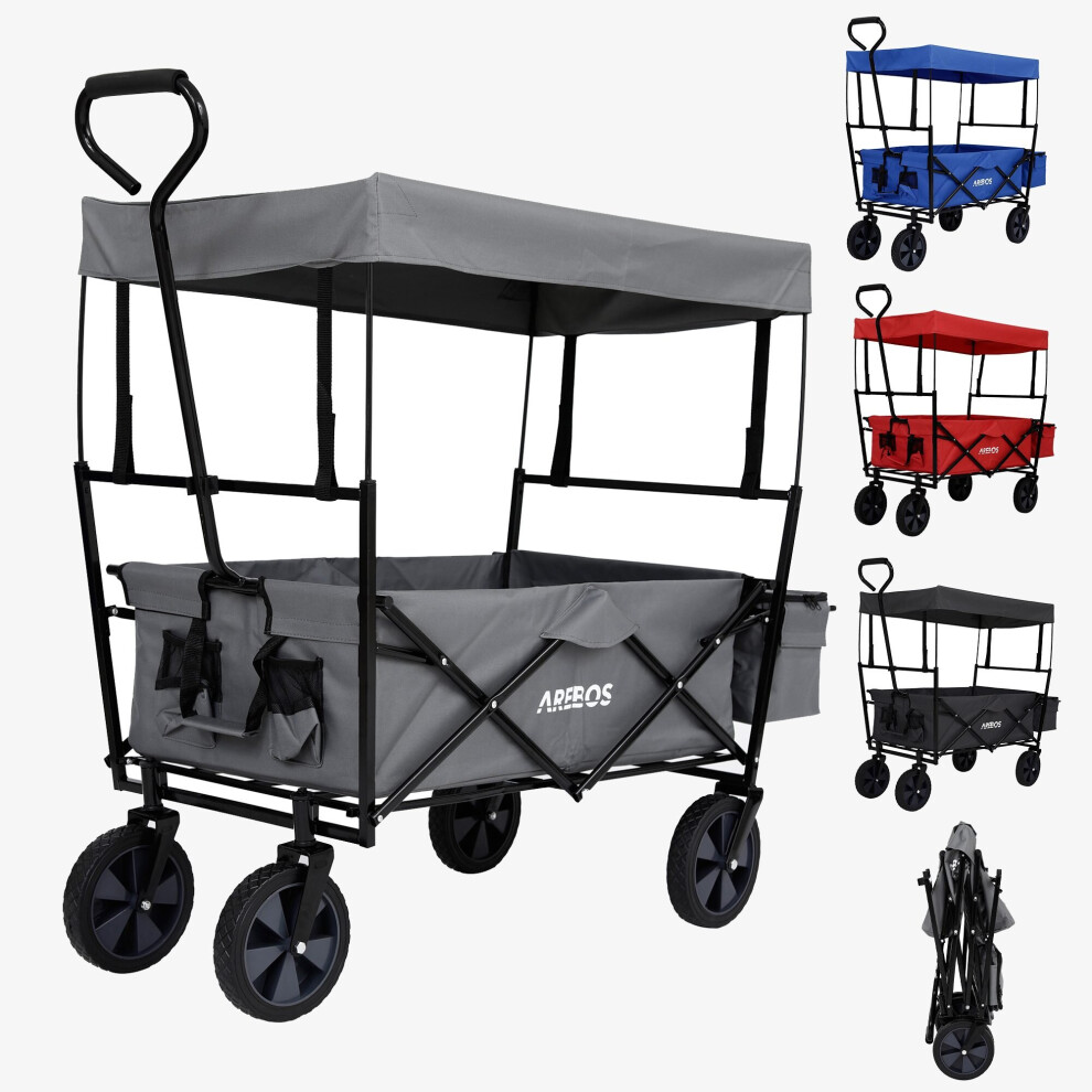 AREBOS Foldable Cart with Roof | Transport Cart | 2X Mesh Pockets and 1x Outside Pocket | Solid Rubber Tires | Gray