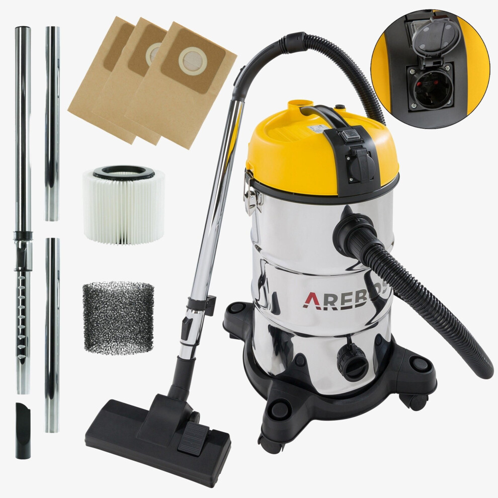 AREBOS Industrial Vacuum Cleaner 5-in-1 Wet and Dry Vacuum Cleaner 1300 W Ash /Fireplace / Grill  with and without Bag Bagless 30 L