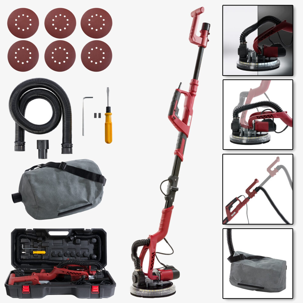 AREBOS Long-Neck Sander | Drywall-Wall-Ceiling Sander | 750 watt, Ø 225 mm | Swivel Head | with LED | Including 6 Sanding Discs and case