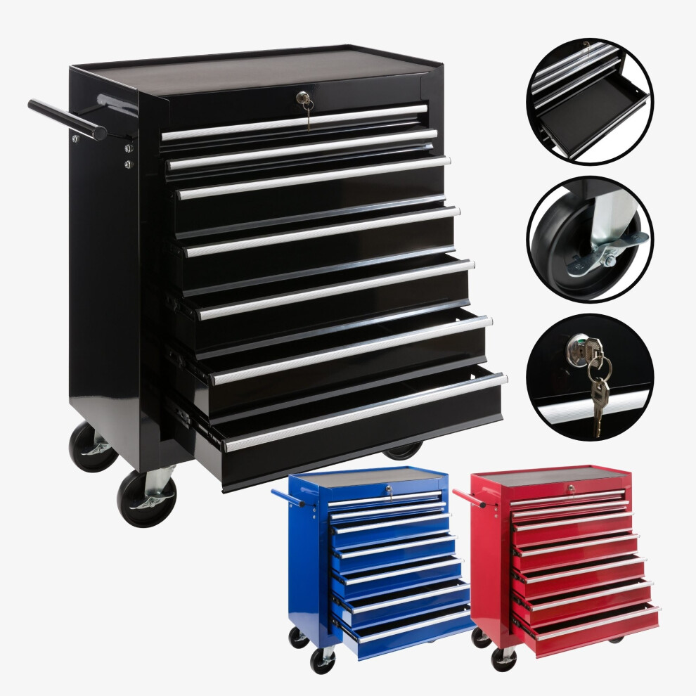 AREBOS 7-Drawer Tool Cabinet Garage Tool Chest with Wheels Workshop Tool Storage Lockable Black