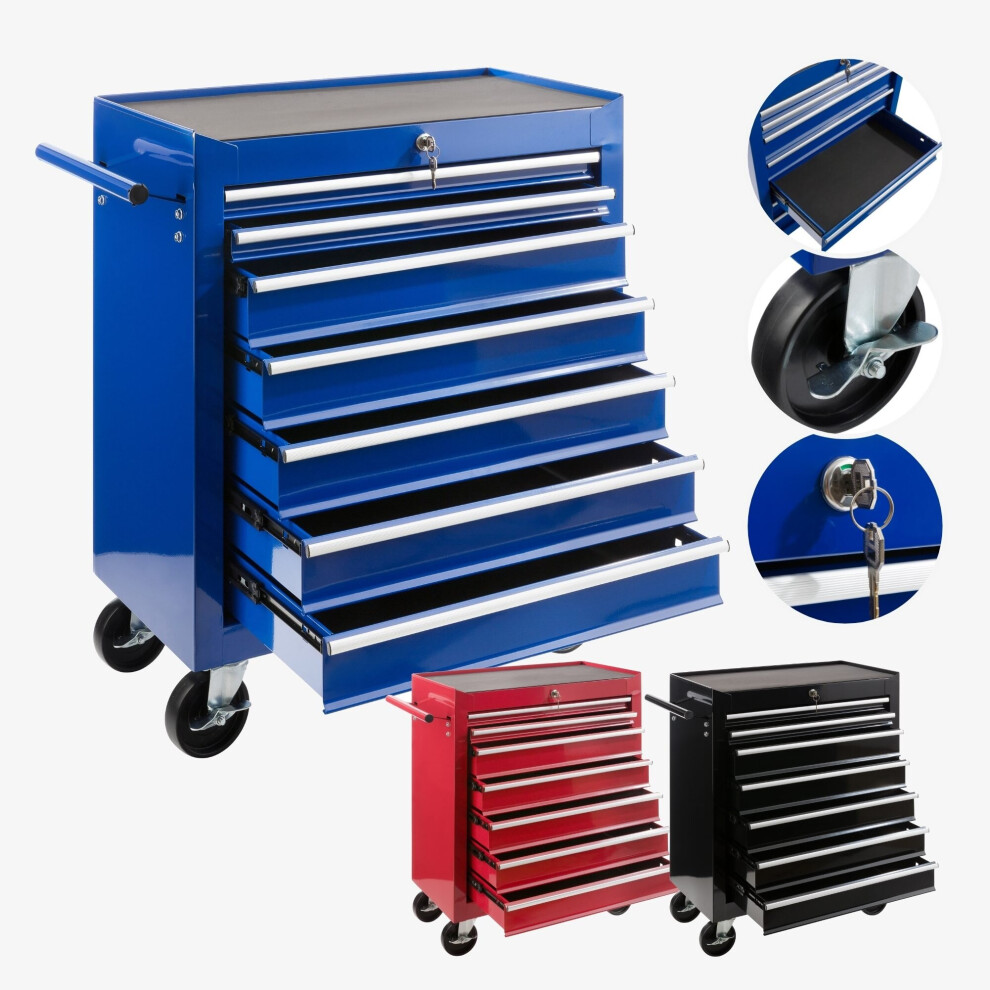 AREBOS 7-Drawer Tool Cabinet Garage Tool Chest with Wheels Workshop Tool Storage Lockable Blue