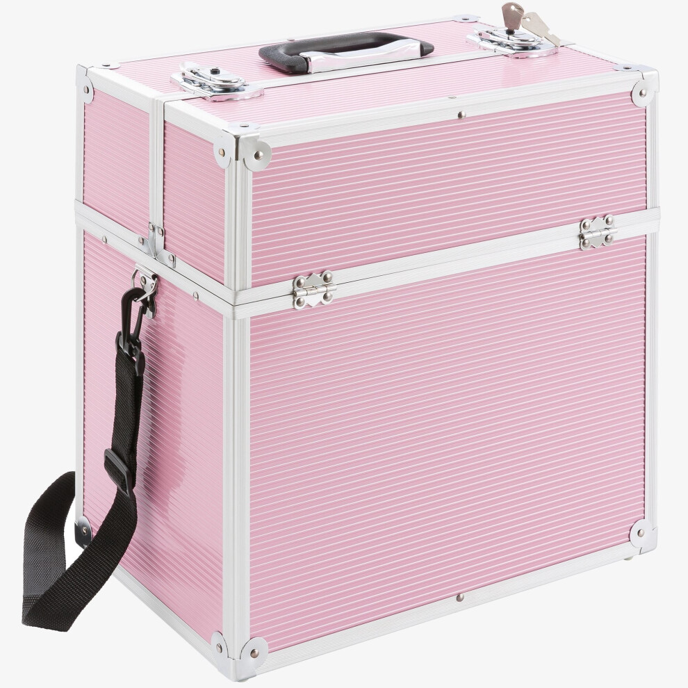 AREBOS Aluminium Make Up Case | Cosmetic Case | Hard Vanity Case | 2 Locks with Keys | 4 x Fold Out Trays | Handle & Strap | Pink