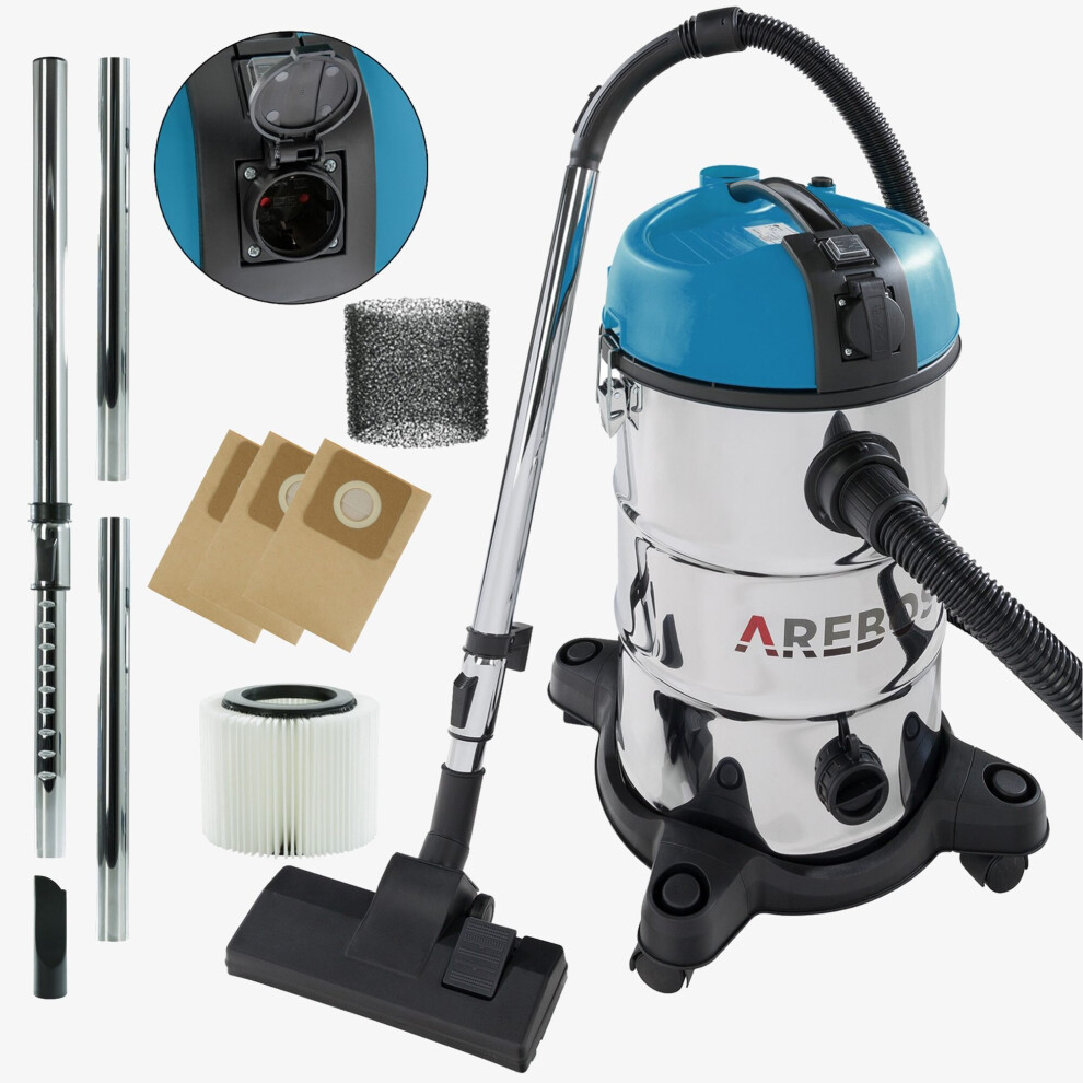 AREBOS Industrial Vacuum Cleaner 5-in-1 Wet and Dry Vacuum Cleaner 1300 W Ash /Fireplace / Grill  with and without Bag Bagless 30 L Blue