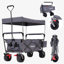 AREBOS Folding Handcart with Roof, Hand - Folding -Equipment Trolley with PocketsFront Wheel Brake, Solid Rubber Tyres, 100 kg Load Capacity, Grey