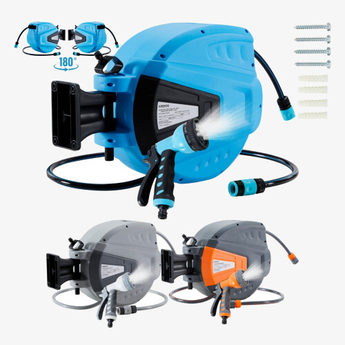AREBOS AREBOS 30 m Swivel Wall Hose Reel with Locking Stop - Automatic Rewind, Includes Wall Bracket, Blue