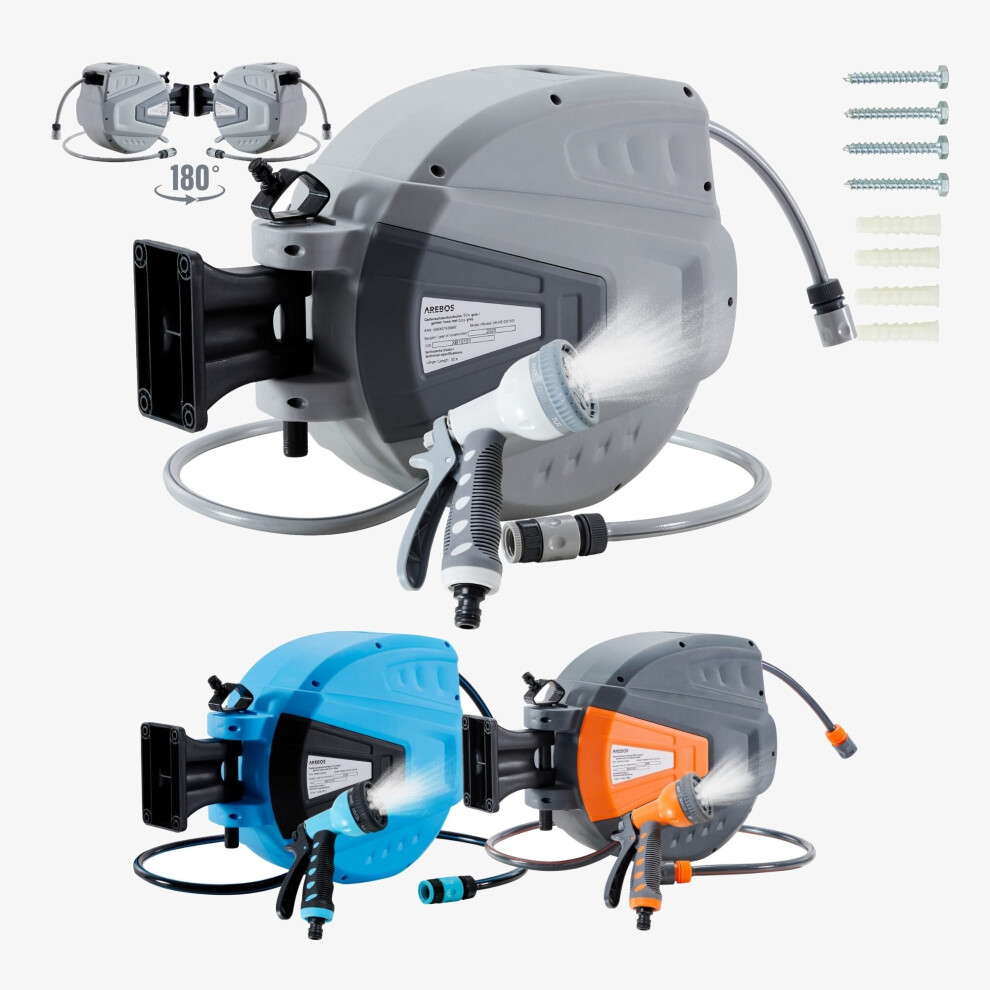 AREBOS Hose Pipe Reel | 30 m Swivel Hose Reel | Wall Hose Box with Locking Stop | Includes Wall Bracket | Automatic Reel Mechanism | Grey