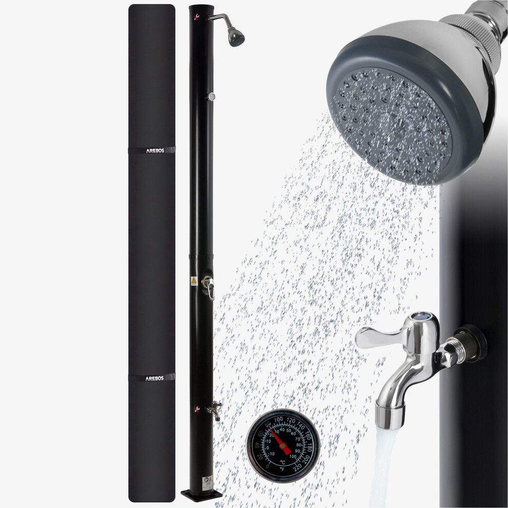 Solar Shower | 20 Litres | 221 cm | Thermometer & Foot Shower | Round Head | Water Temperature up to 60C | Hose Connection |Mounting Material &cover