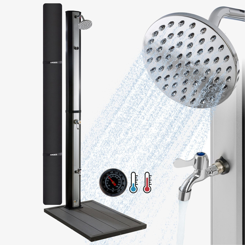 Solar shower 35L & floor element | with integrated thermometer & foot shower | pool shower for the garden | water temperature up to 60C | Incl.cover