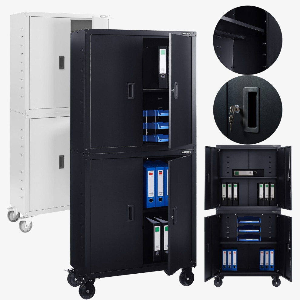 AREBOS Filing Cabinet Office Cabinet Black 211 x 40 x 90 cm Set of 2 4 Doors with Wheels Height-Adjustable Shelves with Cylinder Lock