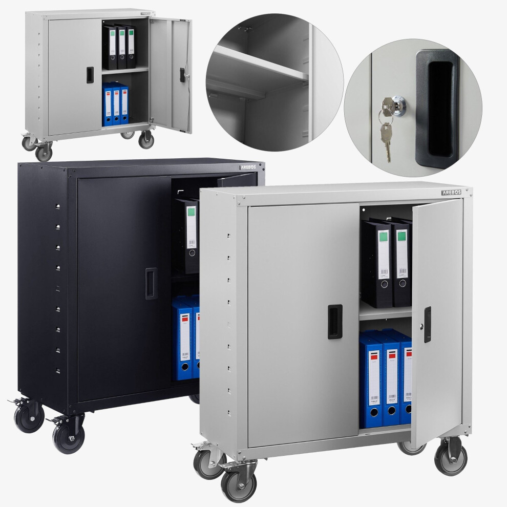 AREBOS Filing Cabinet Office Cabinet Grey 105.5 x 40 x 90 cm 2 Doors with Wheels Height-Adjustable Shelf with Cylinder Lock